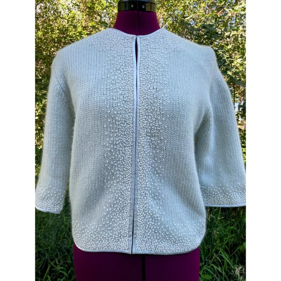 Vintage Angora Seed bead Light Blue Knit Sweater cardigan Hong Kong Medium - Picture 12 of 16